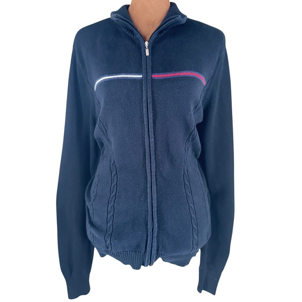 Tommy Hilfiger Zip Sweater Women's XL Navy Cotton Cable Knit Preppy EUC